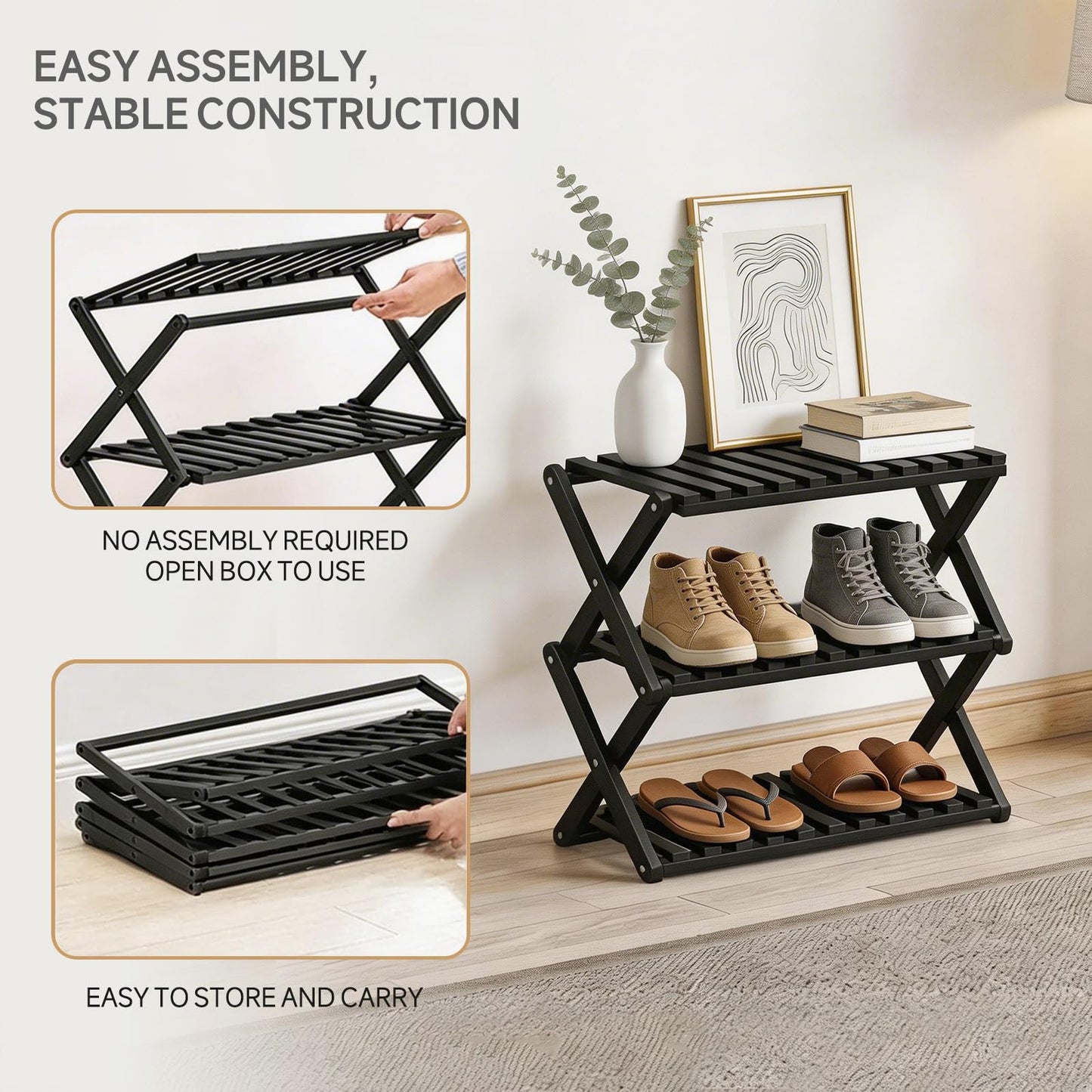 Momleix Folding Shoe Rack Black, 3 Tier Shoe Shelf Without Installation, Sturdy Bamboo Storage Organiser for Entryway Closet and Small Spaces