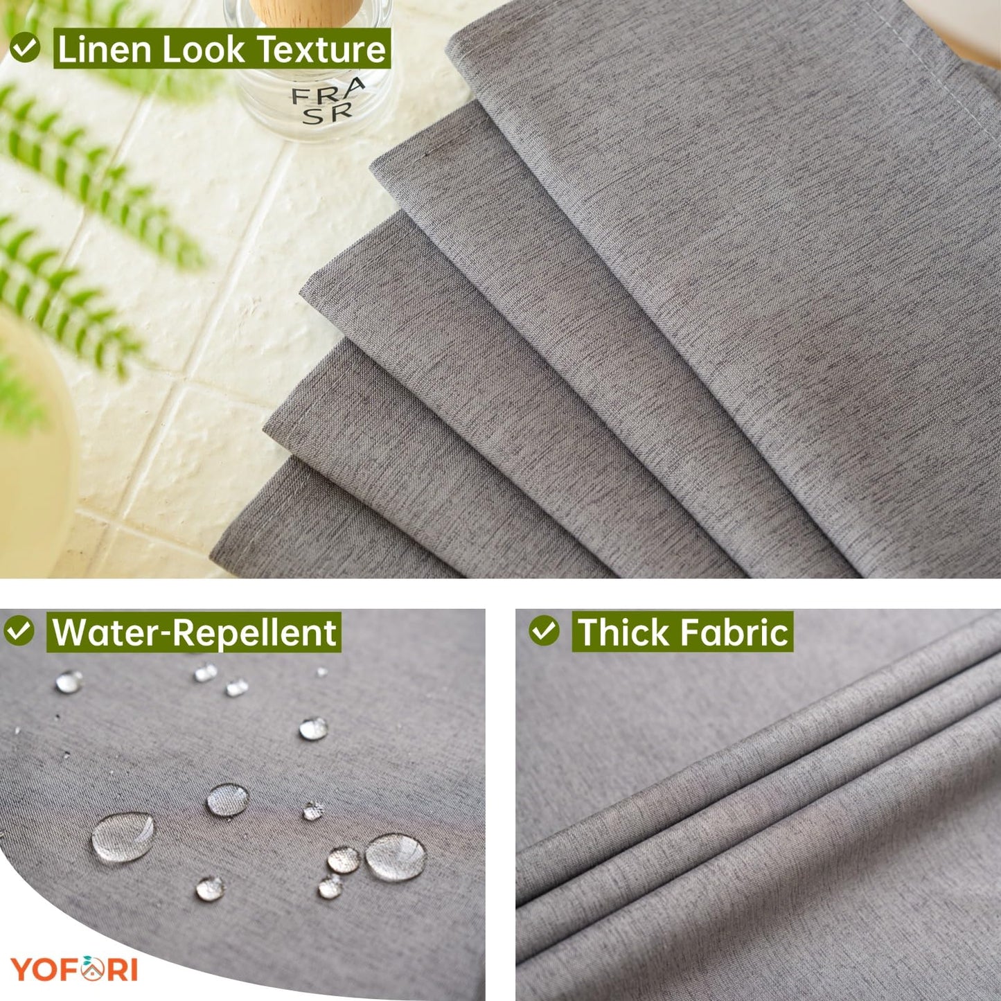 Yofori Grey Shower Curtain for Bathroom, Fabric Shower Curtains Faux Linen Polyester Wet Room Shower Curtains Sets with Metal Hooks, 183x183cm