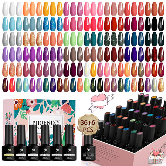 Phoenixy 42 Pcs Gel Nail Polish Set, 36 Colours Red Violet Gel Nail Polish with Glossy Matte Glitter Golden Base Top Coat, UV LED Soak Off Nail