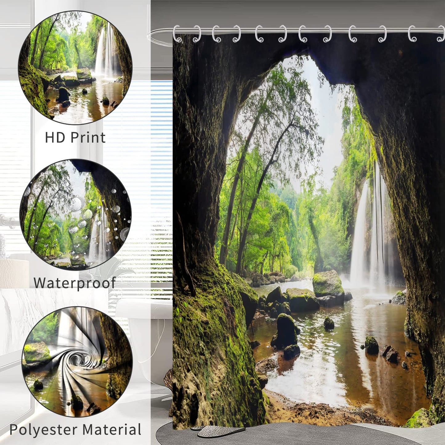 Hnmdmyi Forest Shower Curtain 90x180, Tropical Jungle Rainforest Green Tree Plant Nature Mountain Cave Landscape Waterfall Scenery Bathroom Curtains