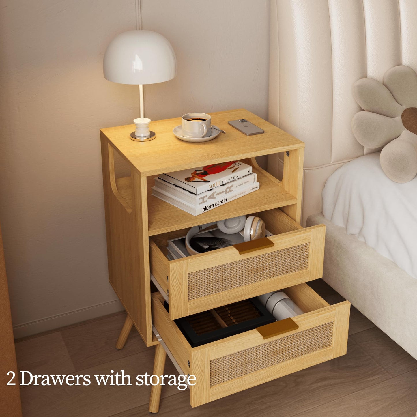 JERX Rattan Bedside Table, Farmhouse Nightstand with 2 Storage Drawer and Open Wood Shelf, for Bedroom and Small Spaces