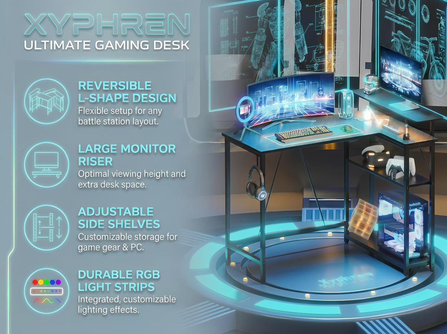 Xyphren L Shaped Gaming Desk with RGB LED Lights & Power Outlets,Corner Computer Desk with Adjustable Shelves