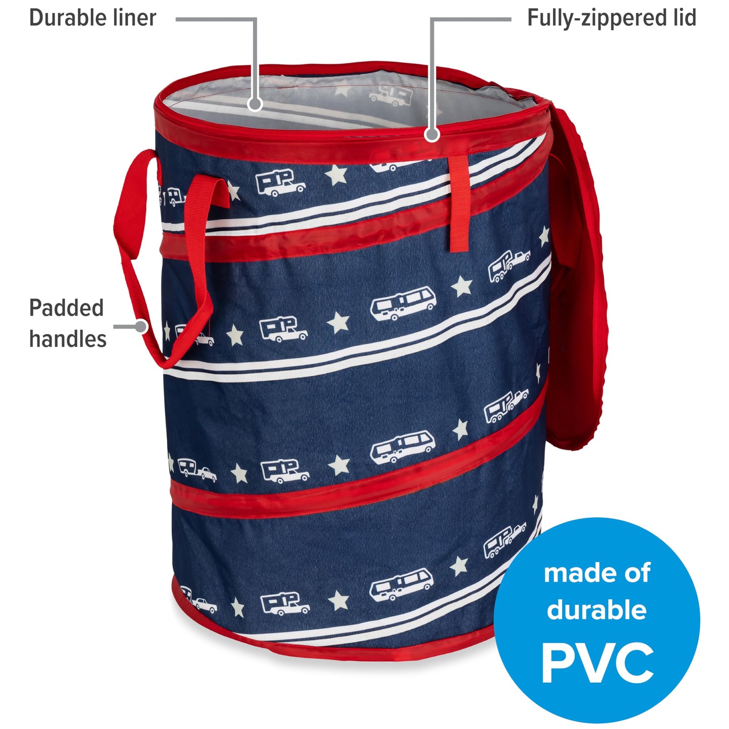 Camco Pop-Up Utility Container | Features Heavy Duty Liner & Zipper Close Lid | Holds 30-Gallon Kitchen-Size Trash Bags