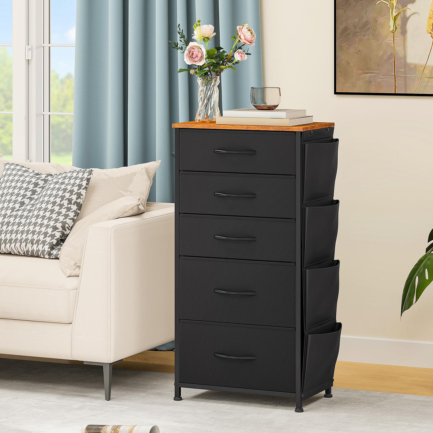 DWVO Narrow Chest of Drawers with 5 Drawers, Fabric Chest Drawers with Side Pocket&Hooks,Easy Pull Handle,Sturdy Steel Frame for Bedroom,Living