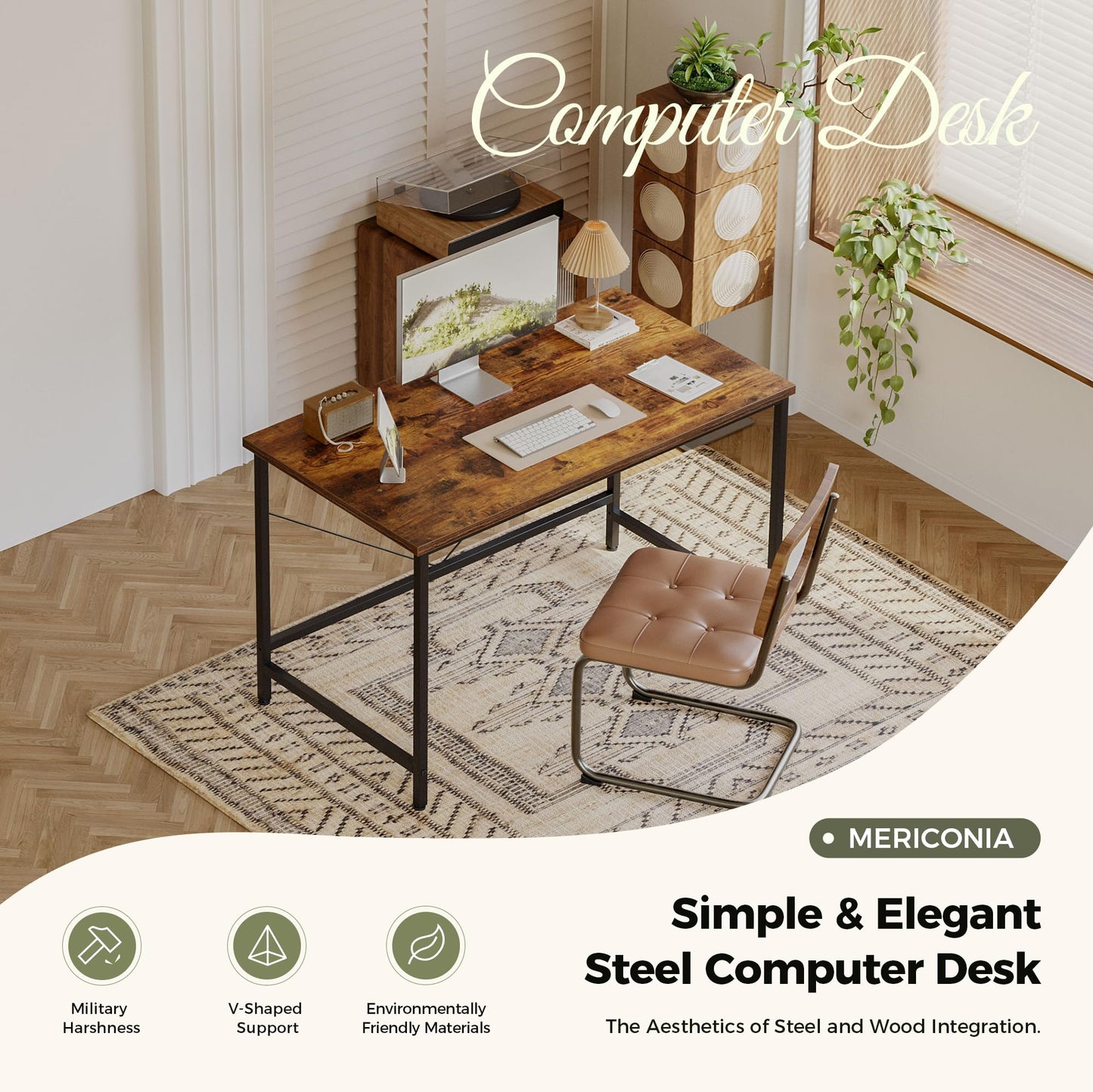Mericonia Basic Computer Desk, One-piece Desktop, 80x50cm, Brown