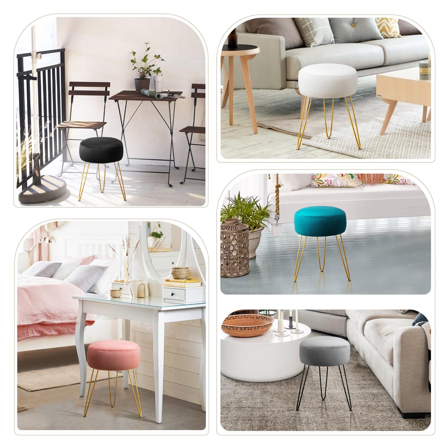 LUE BONA Velvet Round Stool Dressing Table Stool, Makeup Vanity Stool, Ottoman Padded Stool Metal Legs Support, White