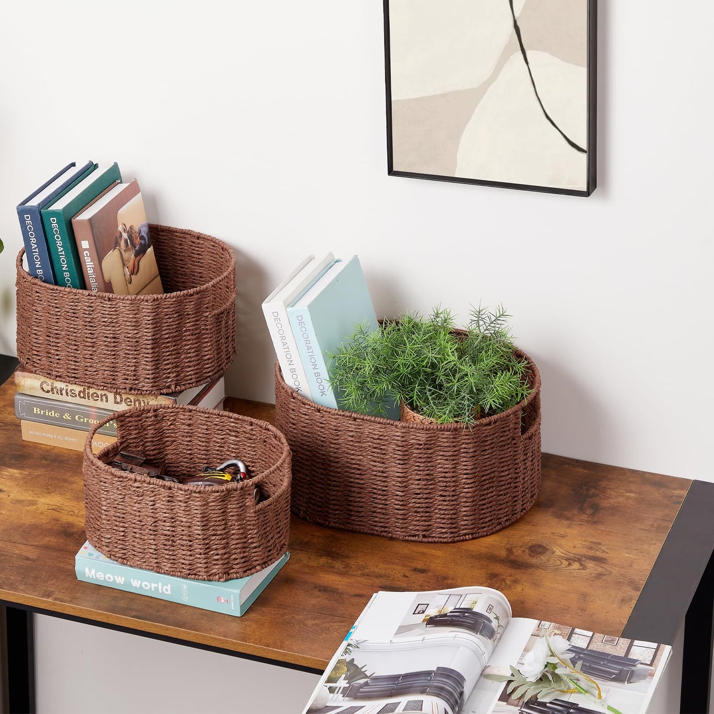 Vagusicc Wicker Basket, Set of 3 Woven Wicker Storage Baskets with Handles, Round Paper Rope Storage Boxes Bin Organizer for Bathroom Shelves Closet