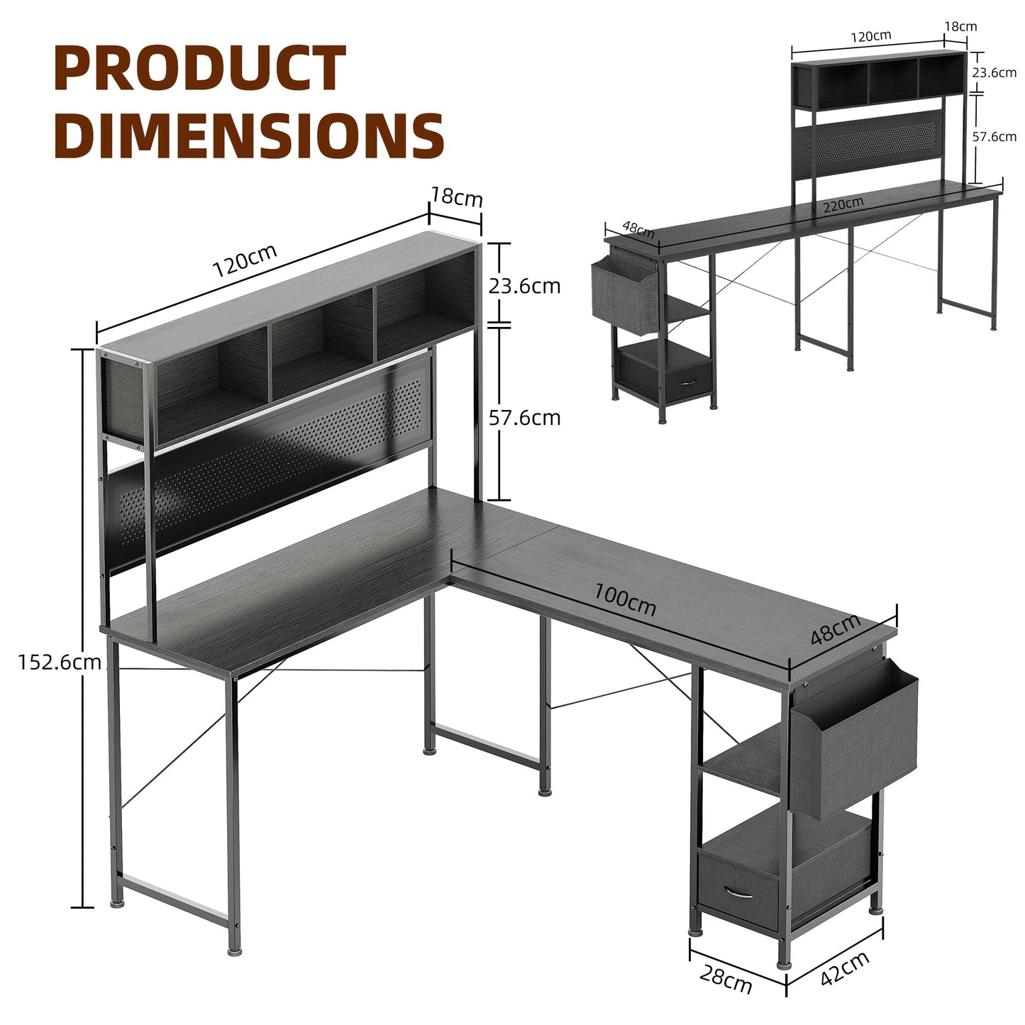 CAIYUN 148x120cm L-Shaped Corner Gaming Desk, Reversible Computer Workstation with RGB LED Lighting, Charging Socket, Pegboard Organizer