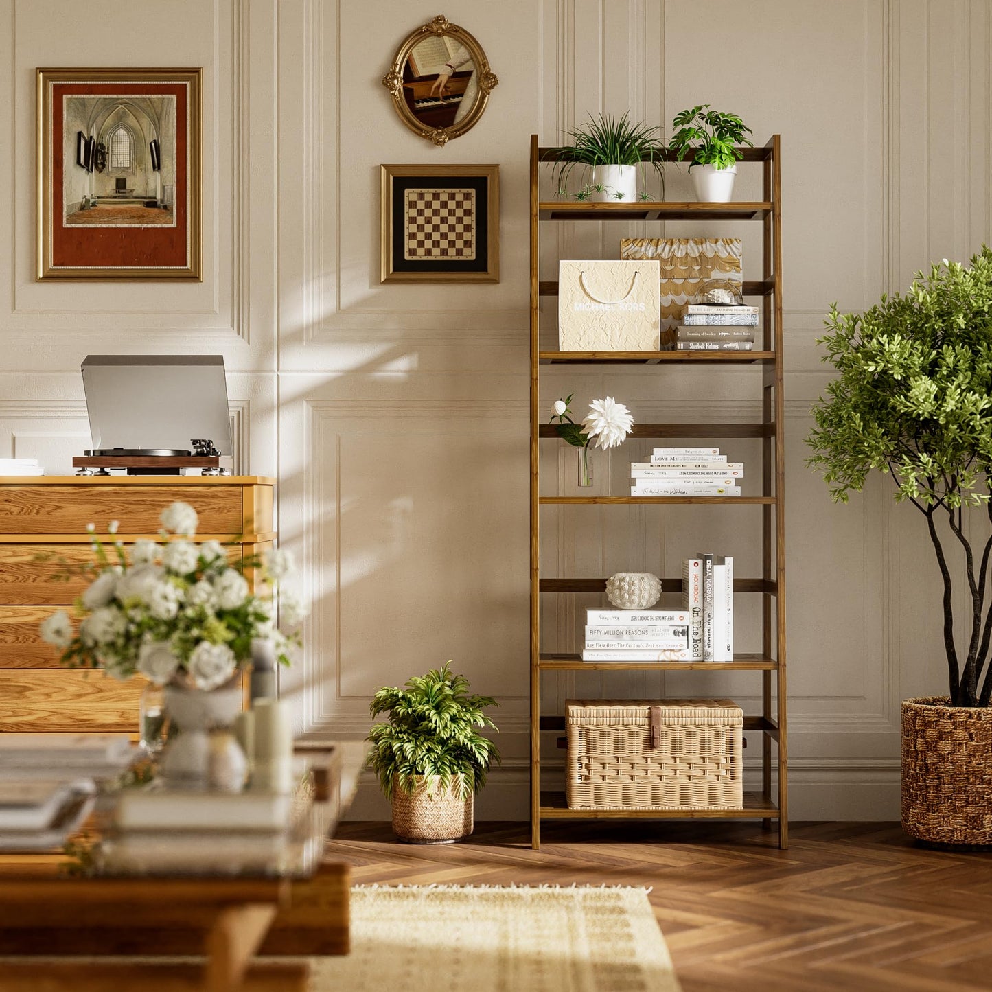 vovala Ladder Shelf, 5-Tier Bookshelf, All Bamboo Heavy Duty Bookcase, Freestanding Open Wood Storage Rack