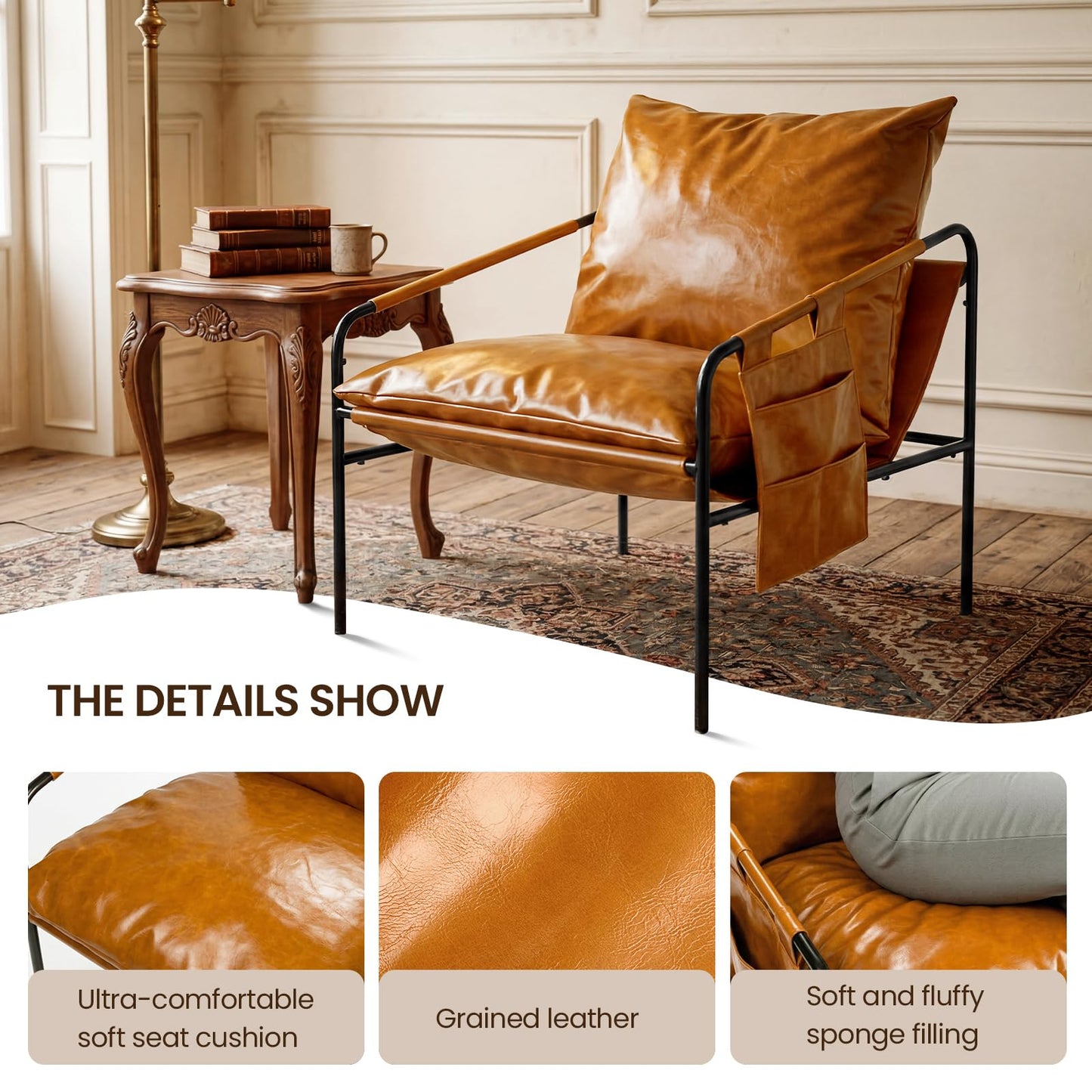 Modern Faux leather Armchair Comfy Accent Chair with Sturdy Metal Frame Wood Armrest And bag Living Room chairs Soft Cushion Lounge couch sofa Chair