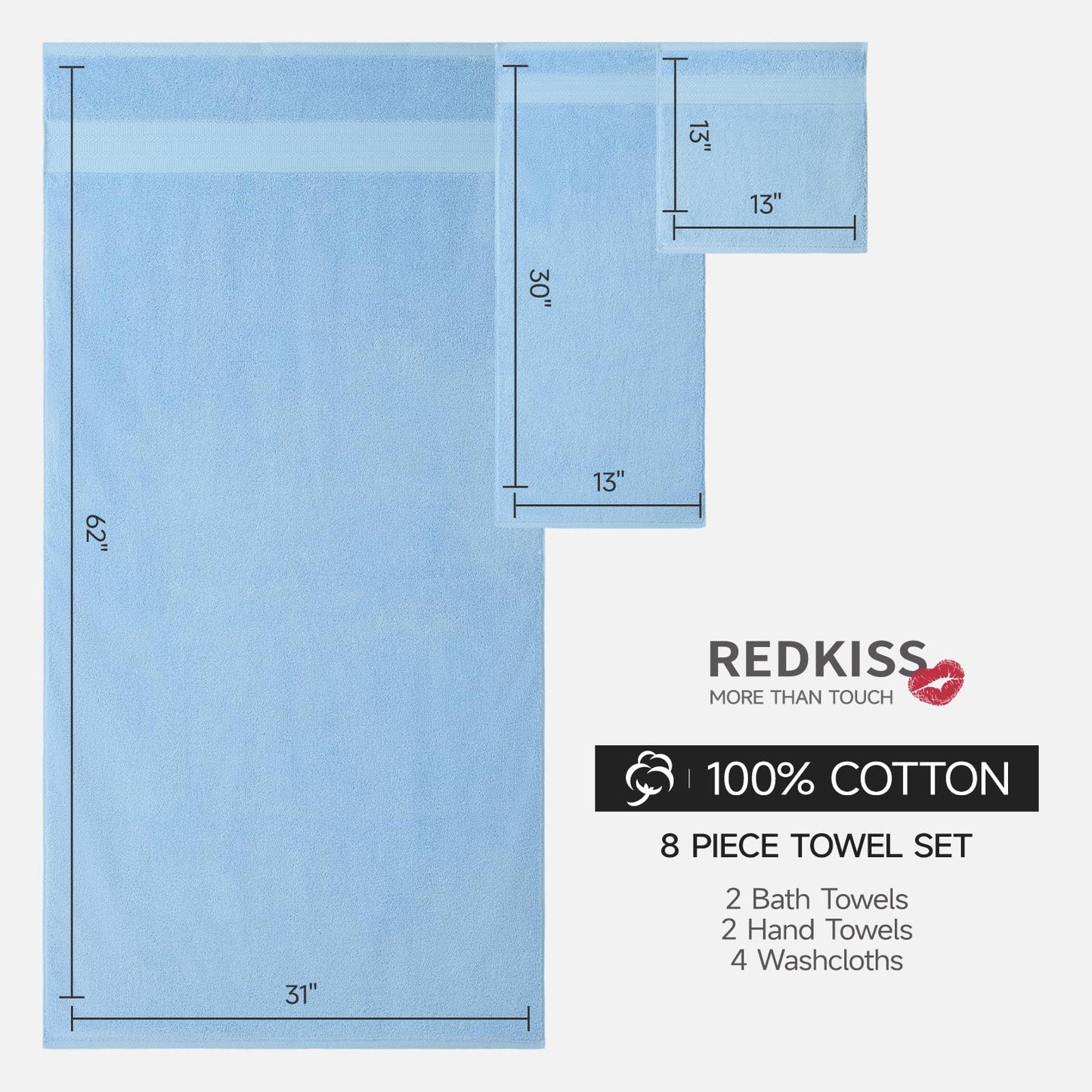 REDKISS 8 Piece Blue Towels Set with Hanging Loop-Quick Drying & Soft