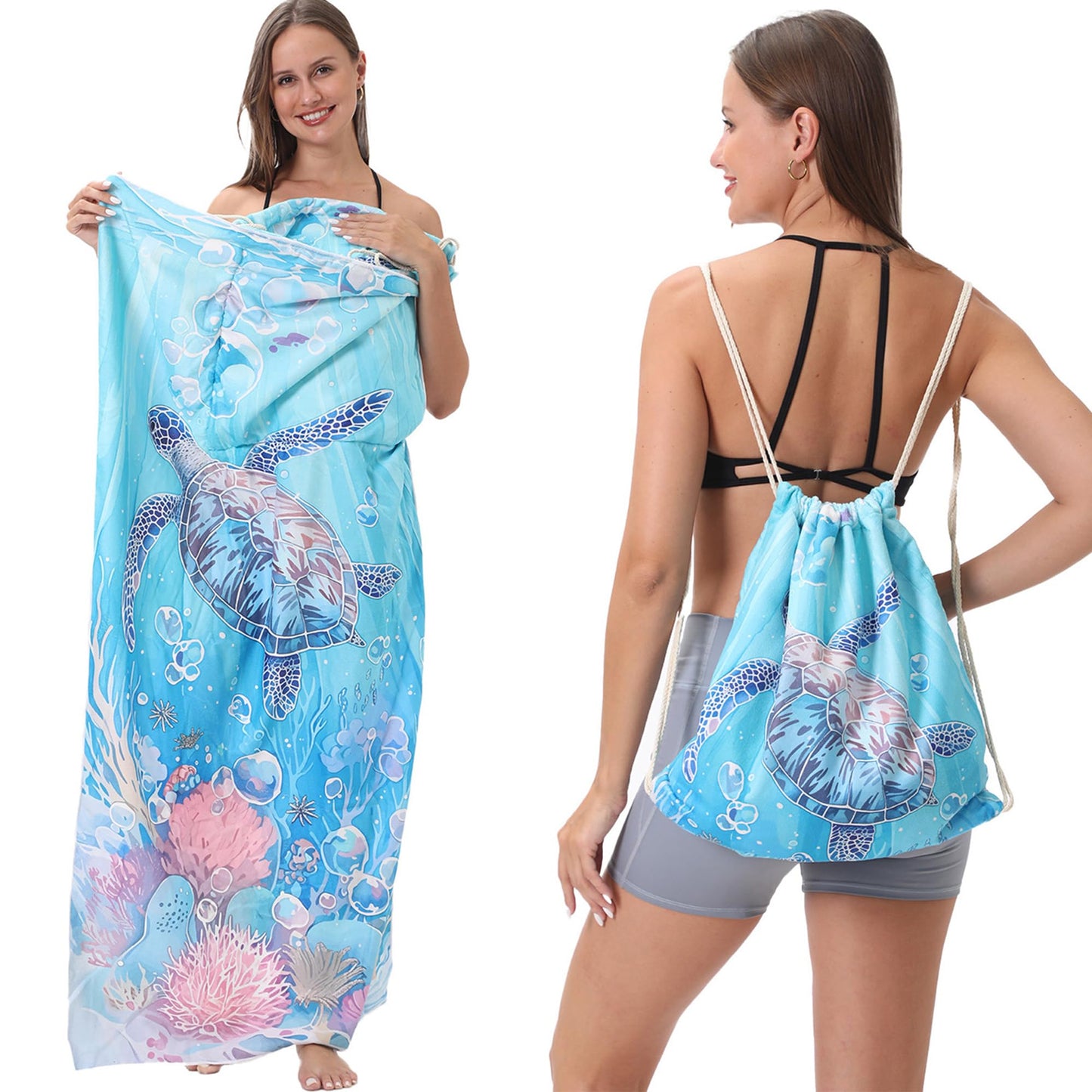 Senshuomy 2-in-1 Beach Towel Bag, Convertible Drawstring Beach Towel Backpack, Sand Free Quick Dry Microfiber Beach Towel for Adults