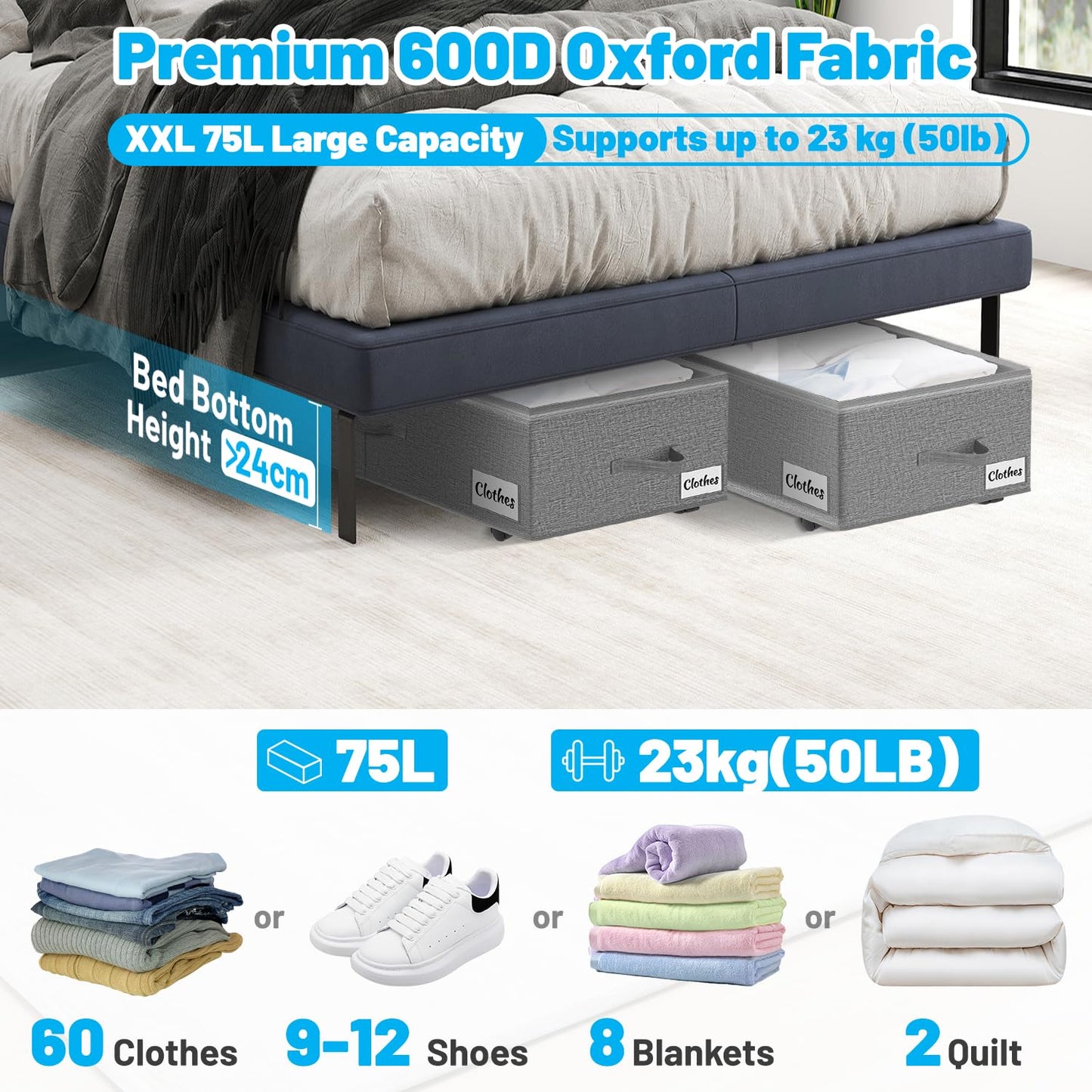 Kukikan Under Bed Storage on Wheels, 2-Pack 24 CM XXL 75L Rolling Under Bed Storage Bag with Zip