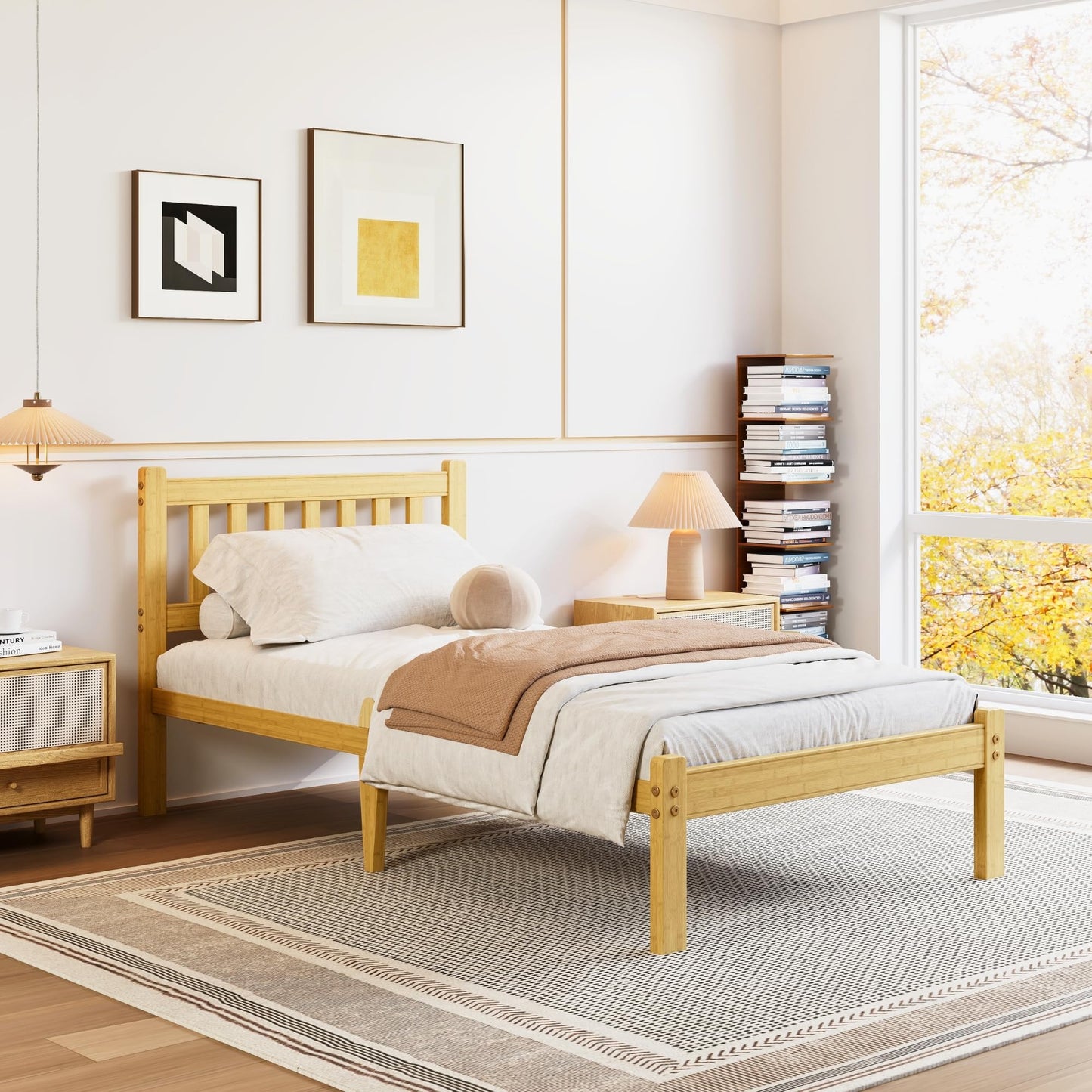 Hunlostten Single Bed Frame Wooden with Headboard - Bamboo Wood Bed Frames with Metal Slats Support and Underbed Storage Bedroom Furniture