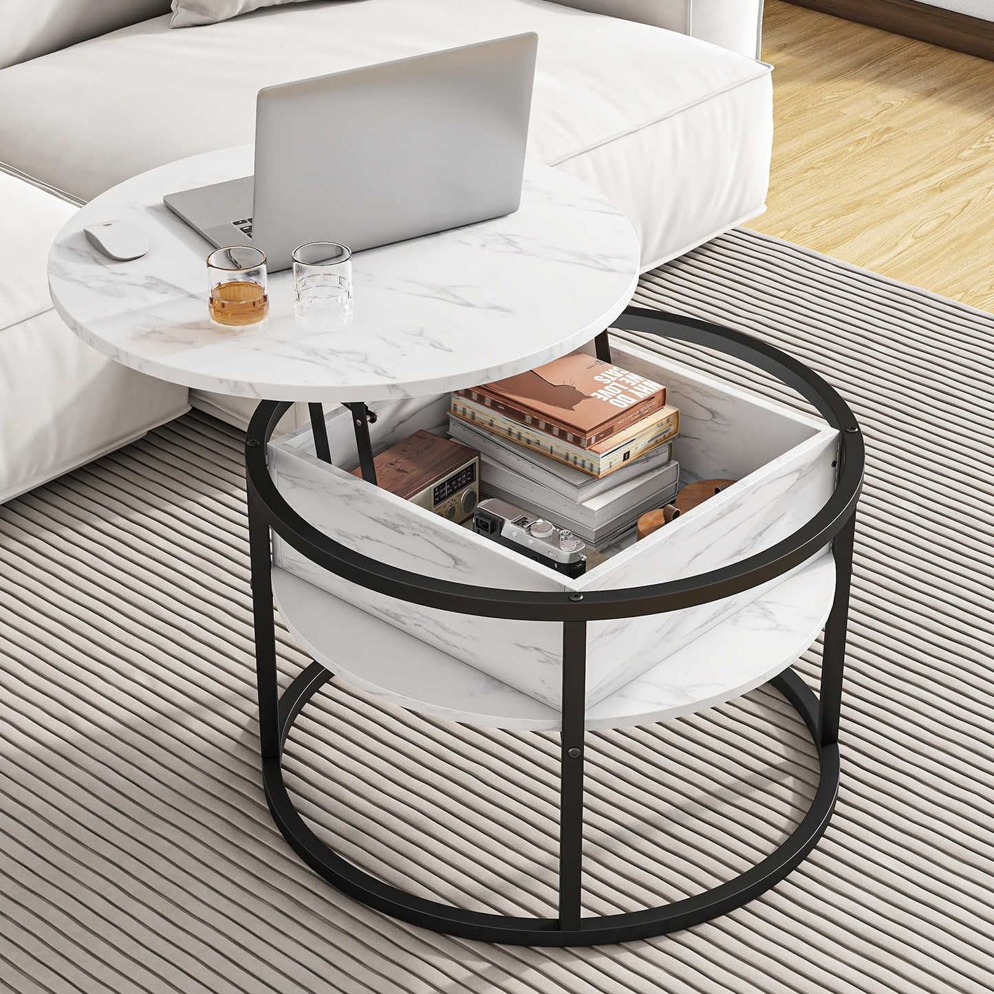 HOJINLINERO Round Coffee Table,Lift Top Coffee Tables for Living Room,Wooden Table with Hidden Storage & Lift Up Top,Modern Sofa Tea End Center