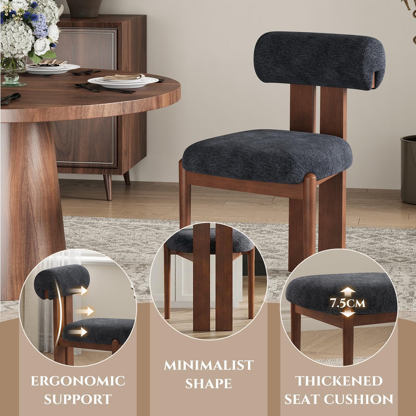 Dining Chairs Set of 2, Dining Room Chairs Upholstered Chenille Fabric, Wooden Kitchen Chairs with Padded Seat & Solid Wood Frame