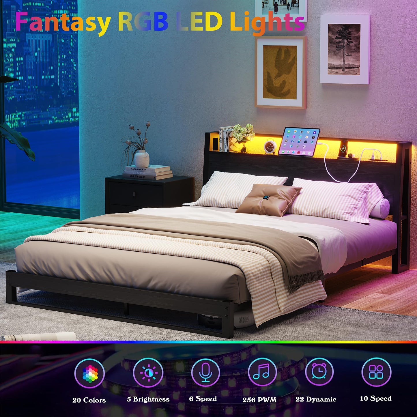 MUZERUL King Size Bed Frame with Ergonomic Storage Headboard and LED,Metal Platform Low Bed Frame King Size 5ft,Kingsize Floor Bed Base with Charging