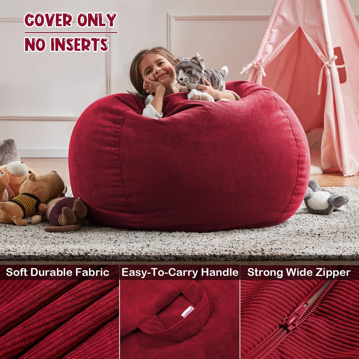 Nobildonna Bean Bag Chair Cover (No Filler) for Kids Beanbag Stuffed Animal Storage Without Filling Plush Toys Holder and Organizer Soft Premium