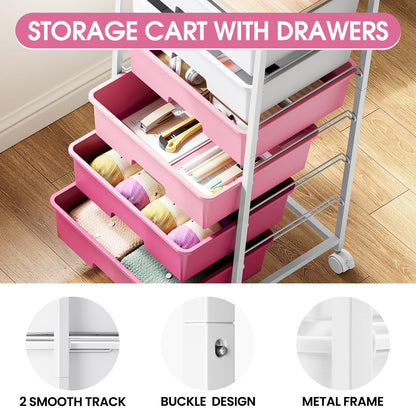 6-Drawer Craft Organizer Trolley Cart with Wooden Top, Pink