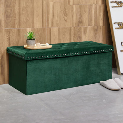 Bonlife Folding Ottoman Bench Seat with Storage,Extra Large End of Bed Storage with Lids,Velvet Footstool for Living Room,Dark Green,110x40x40cm