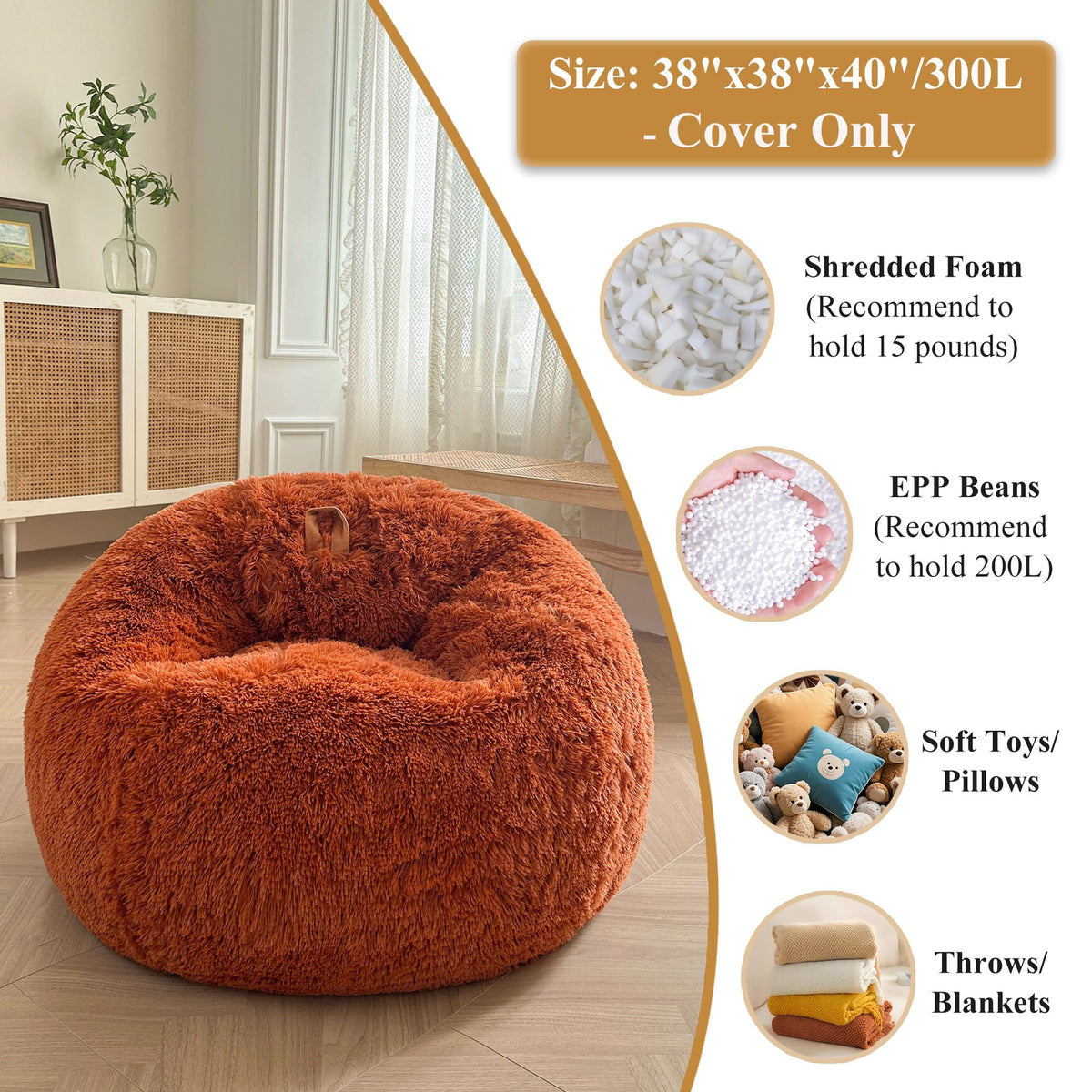XeGe Cozy Fluffy Faux Fur Bean Bag Chair CoverNo Filler, Burnt Orange