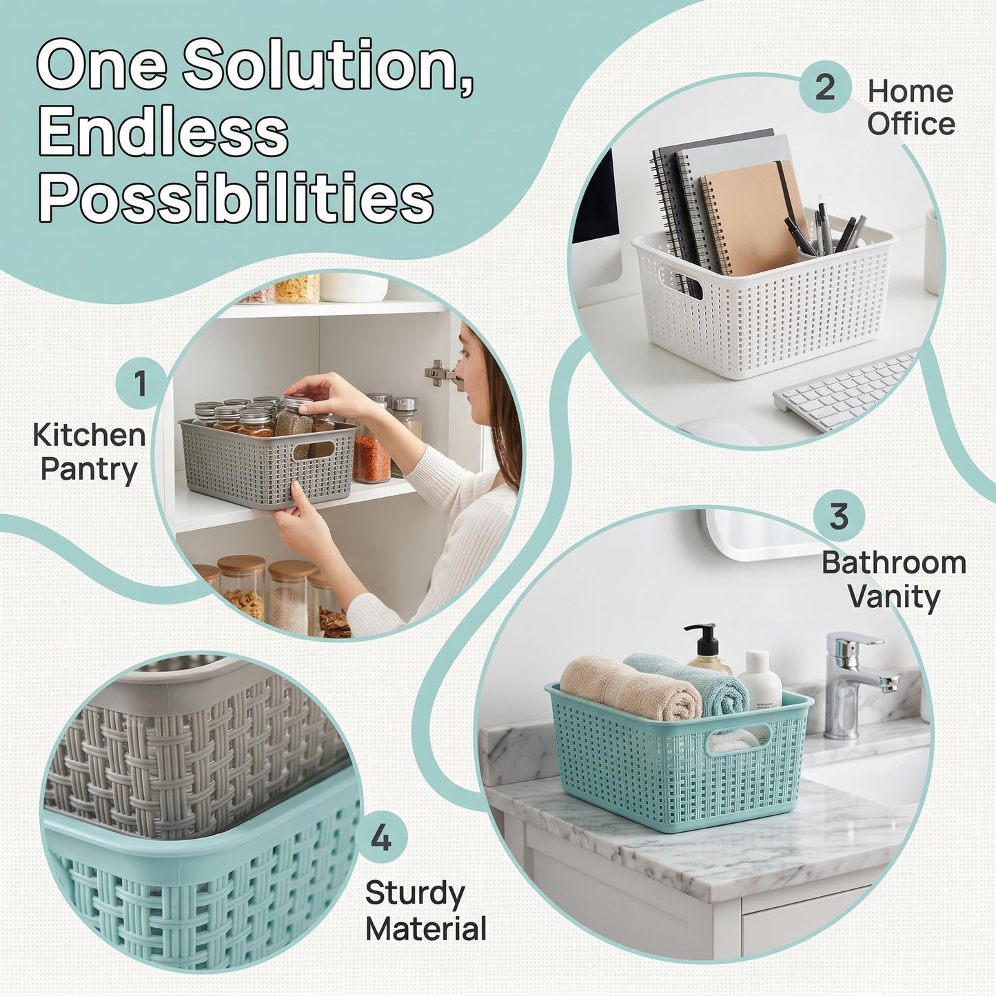 WUWEOT 9 Pack Plastic Storage Basket Bins Organizer, Cabinet and Shelf Basket with Handle, 25cm L x 17cm W x 14cm H, 3 Colors
