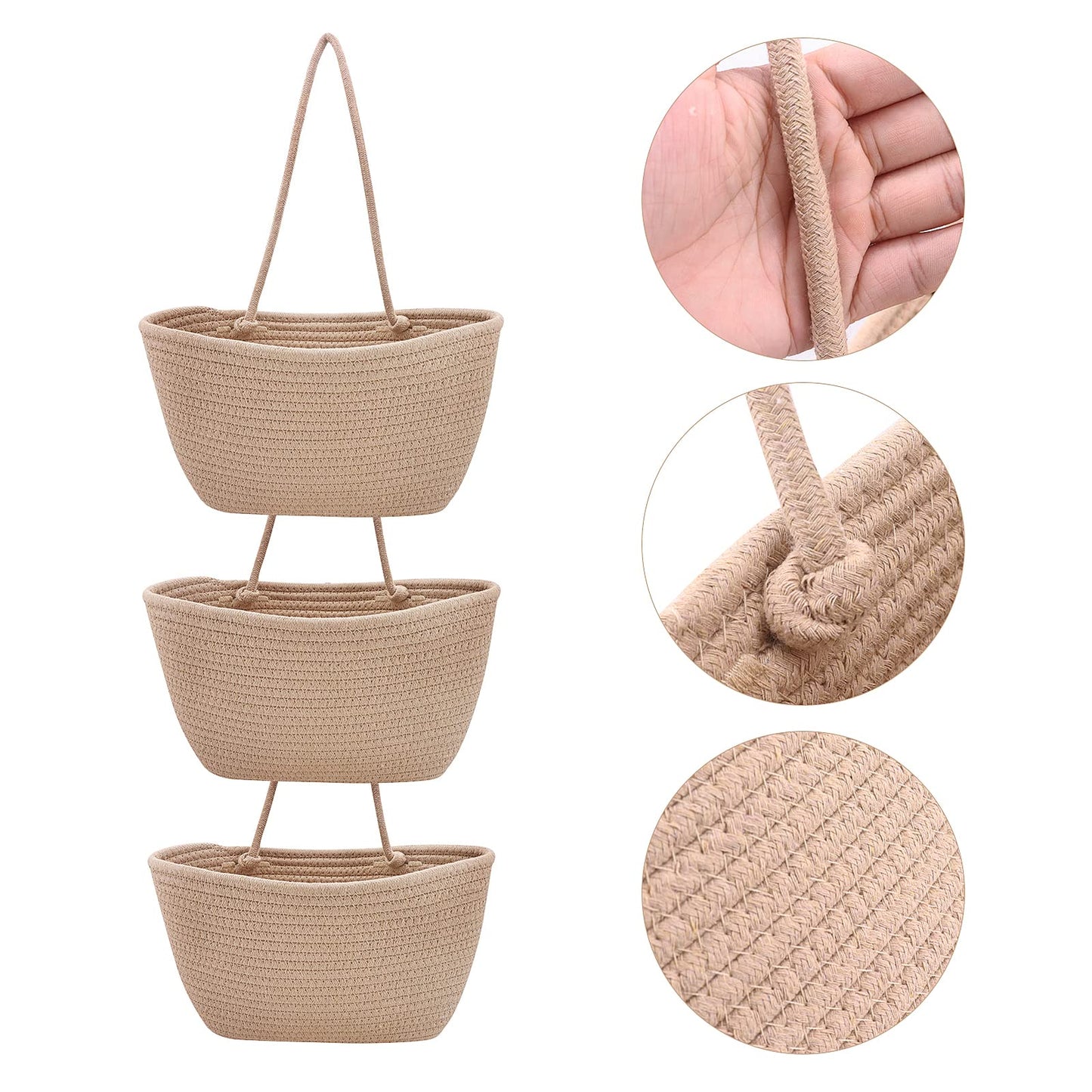 Gearific Over the Door Hanging Basket, 3-Tier Cotton Rope Wall Mount Hanging Baskets for Organizing and Storage