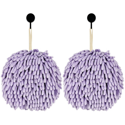 Fuzzy Ball Hand Towels, Set of 2, Chenille Quick Dry, 6.9inchPurple