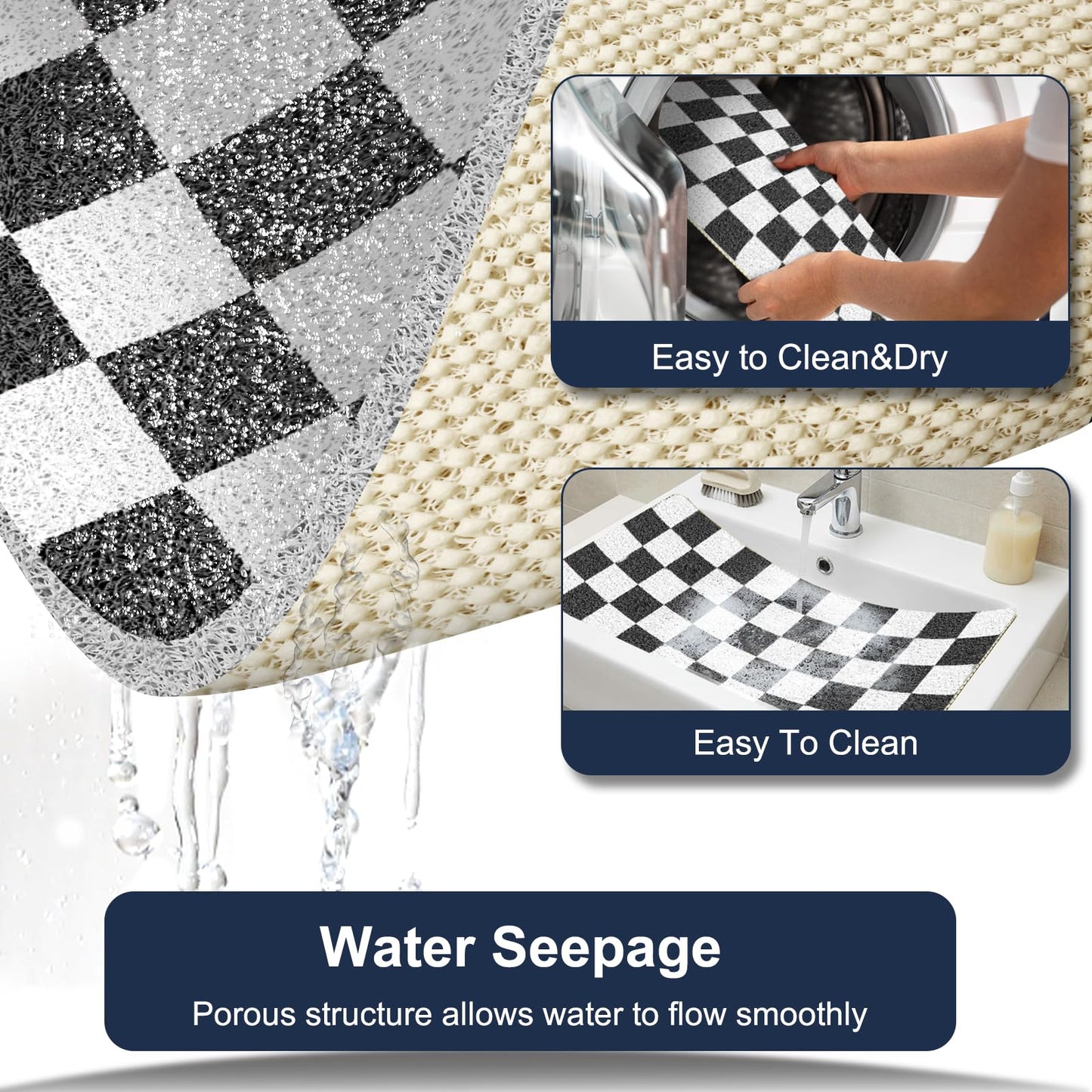 Non Slip Checkered Shower Mats 40x80CM, PVC Loofah Bath Mat for Inside Shower, Quick Dry Soft Bath Mat for Bathroom Floor
