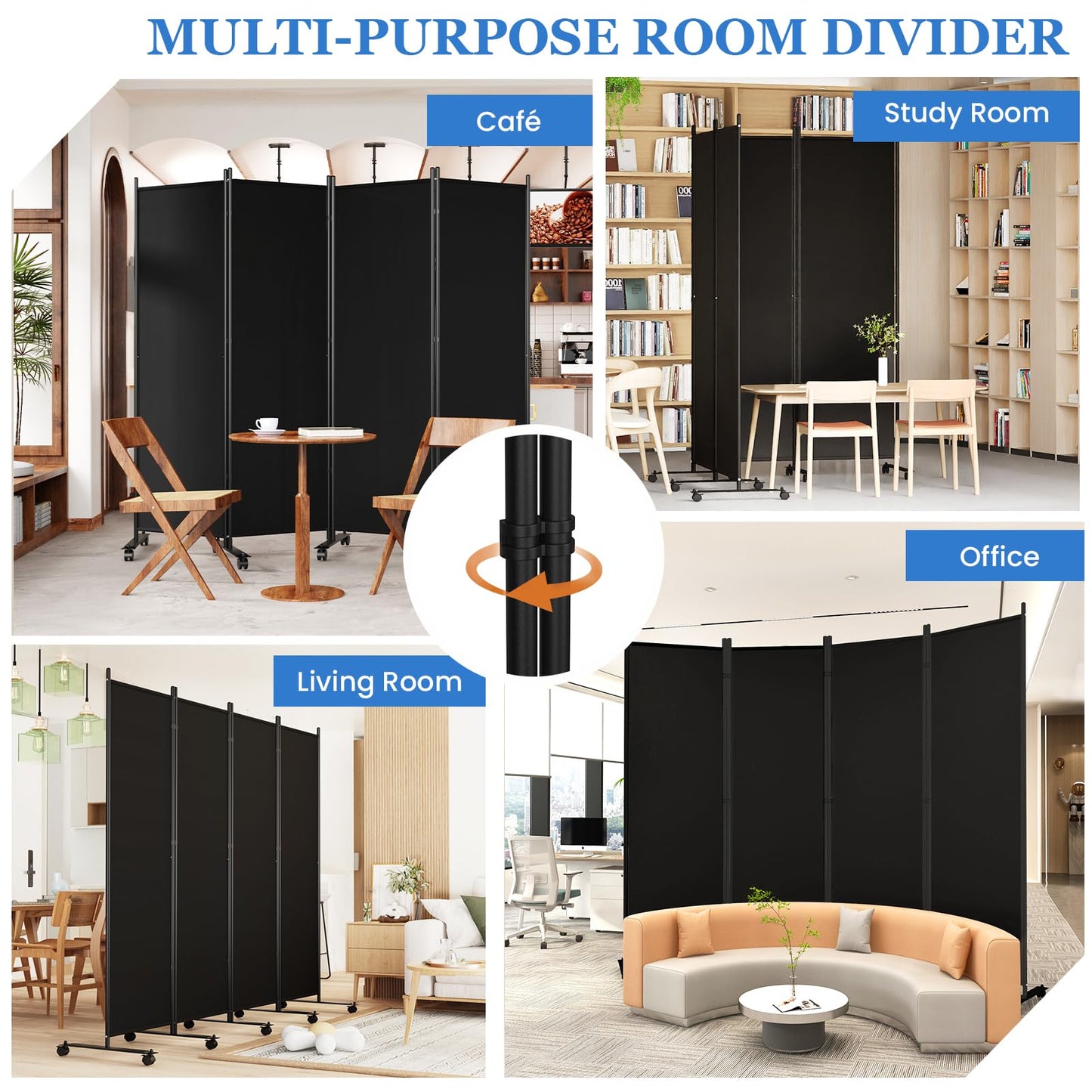 8 Panel Room Divider 183CM Folding Privacy Screens with Lockable Wheels