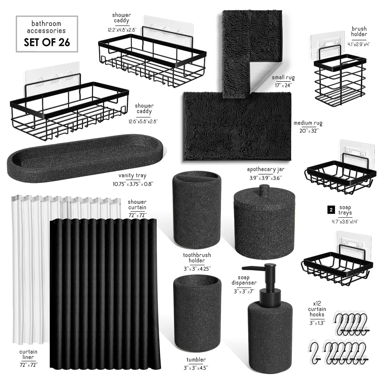 Clara Clark Coal Black Bathroom Set - Bathroom Sets with Shower Curtain and Rugs, 26PC Bathroom Accessory Set