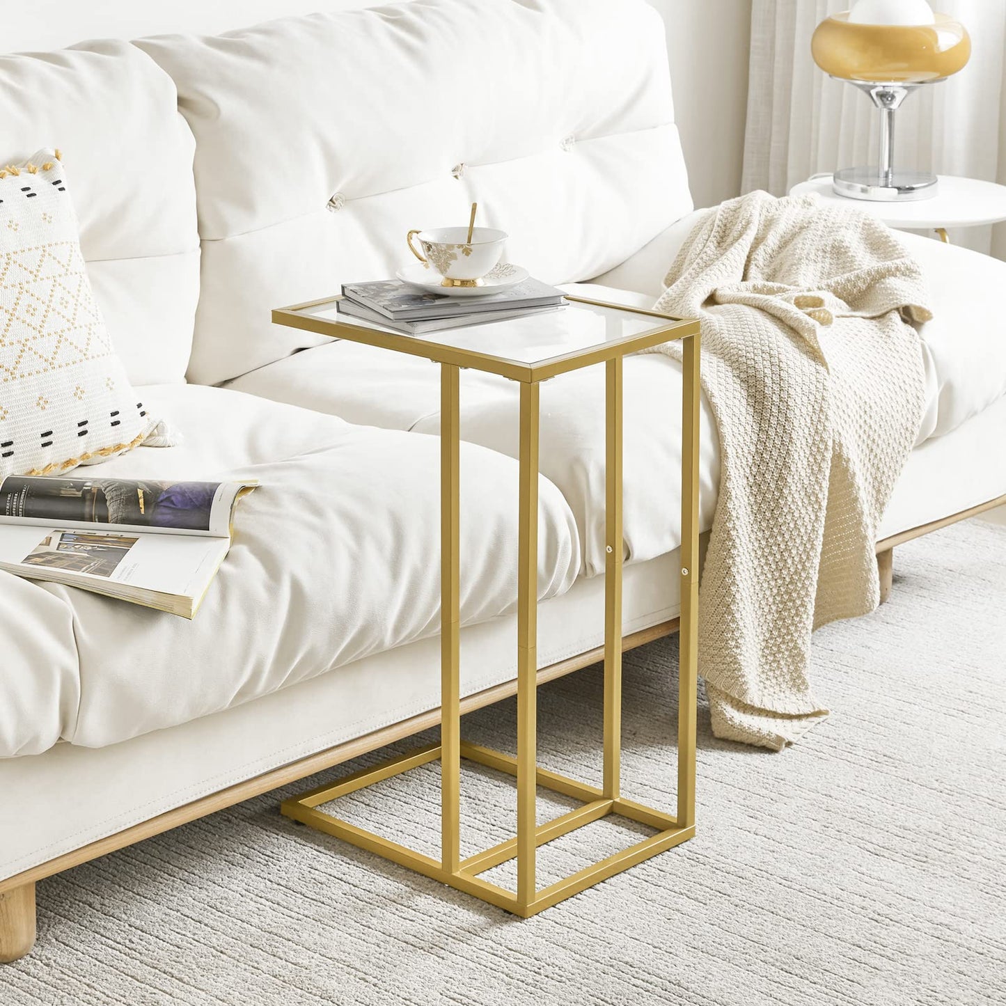 YMYNY C Shaped End Table, Tempered Glass Snack Side Table for Small Space with Metal Frame, Narrow Couch Table, for Living Room, Bedroom