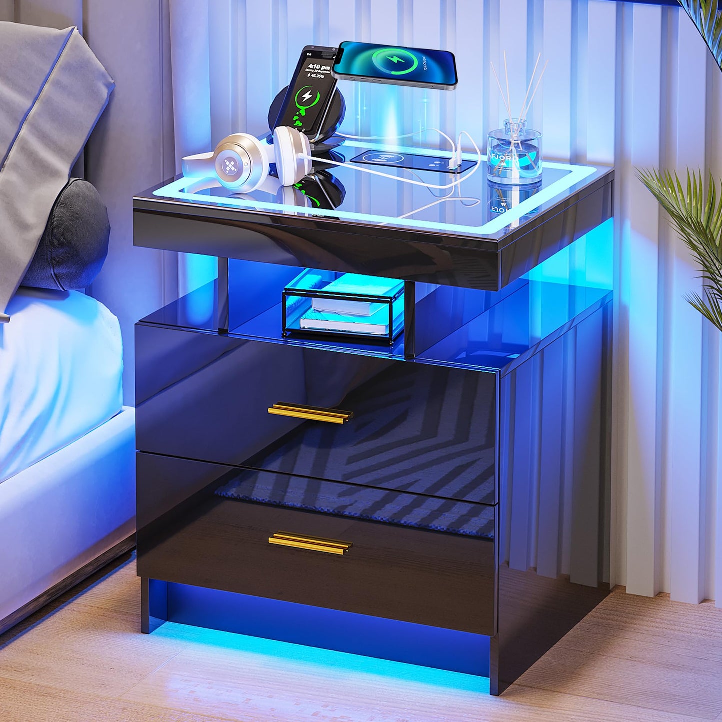 LED Bedside Table with Charging Station & 2 Drawers for Living Room Bedroom