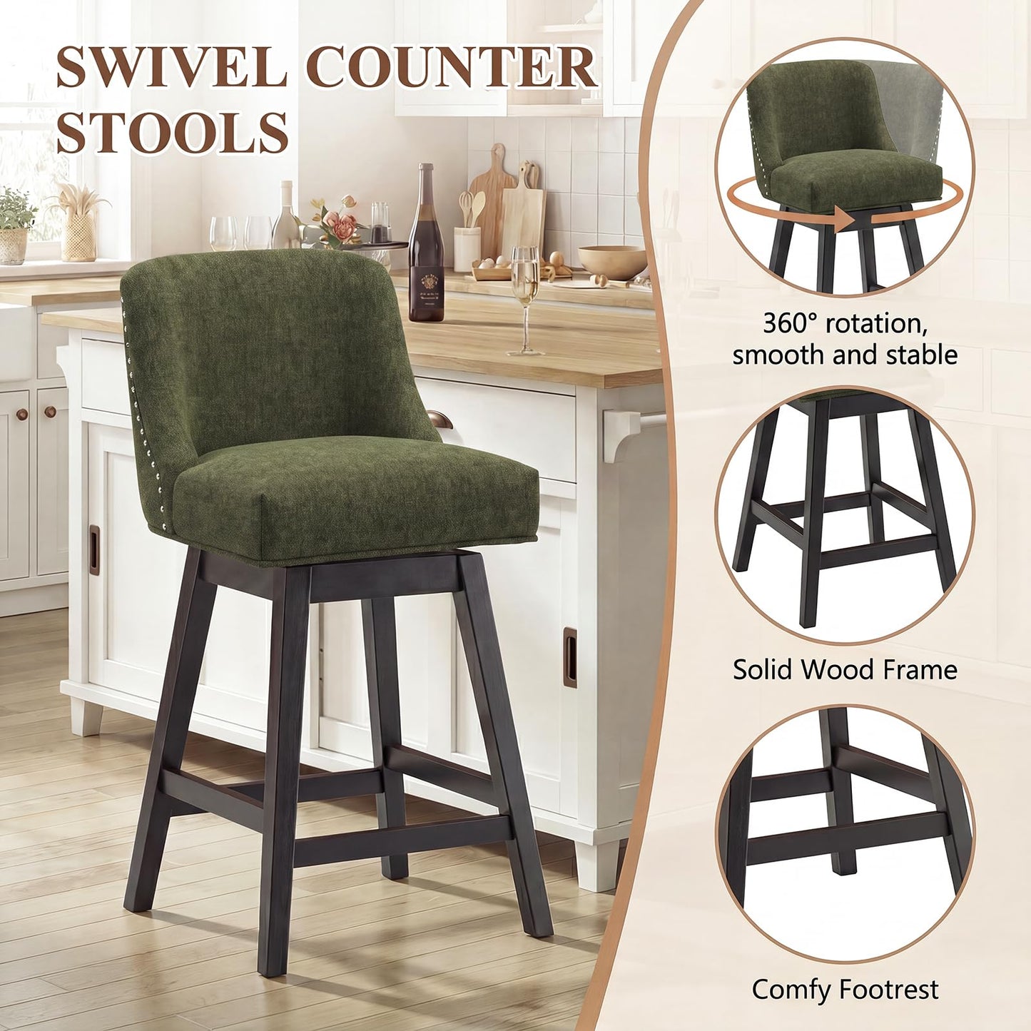 Bar Stools Set of 6, 360° Swivel Upholstered Counter Stools with Back, Wooden Frame Kitchen Bar Chairs with Nailhead Trim