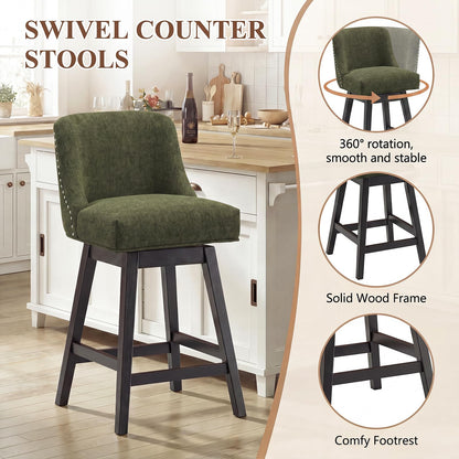 Bar Stools Set of 2, 360° Swivel Upholstered Counter Stools with Back, Wooden Frame Kitchen Bar Chairs with Nailhead Trim