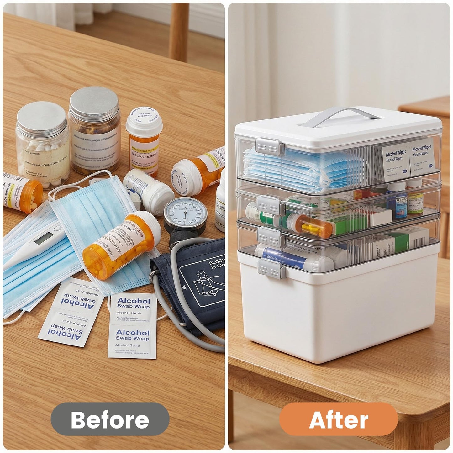 TranRantic 4-Layer Medicine Storage Box, 33.5×22×29cm Large Medicine Box with Leather Handle, Multifunctional Medication Storage Box