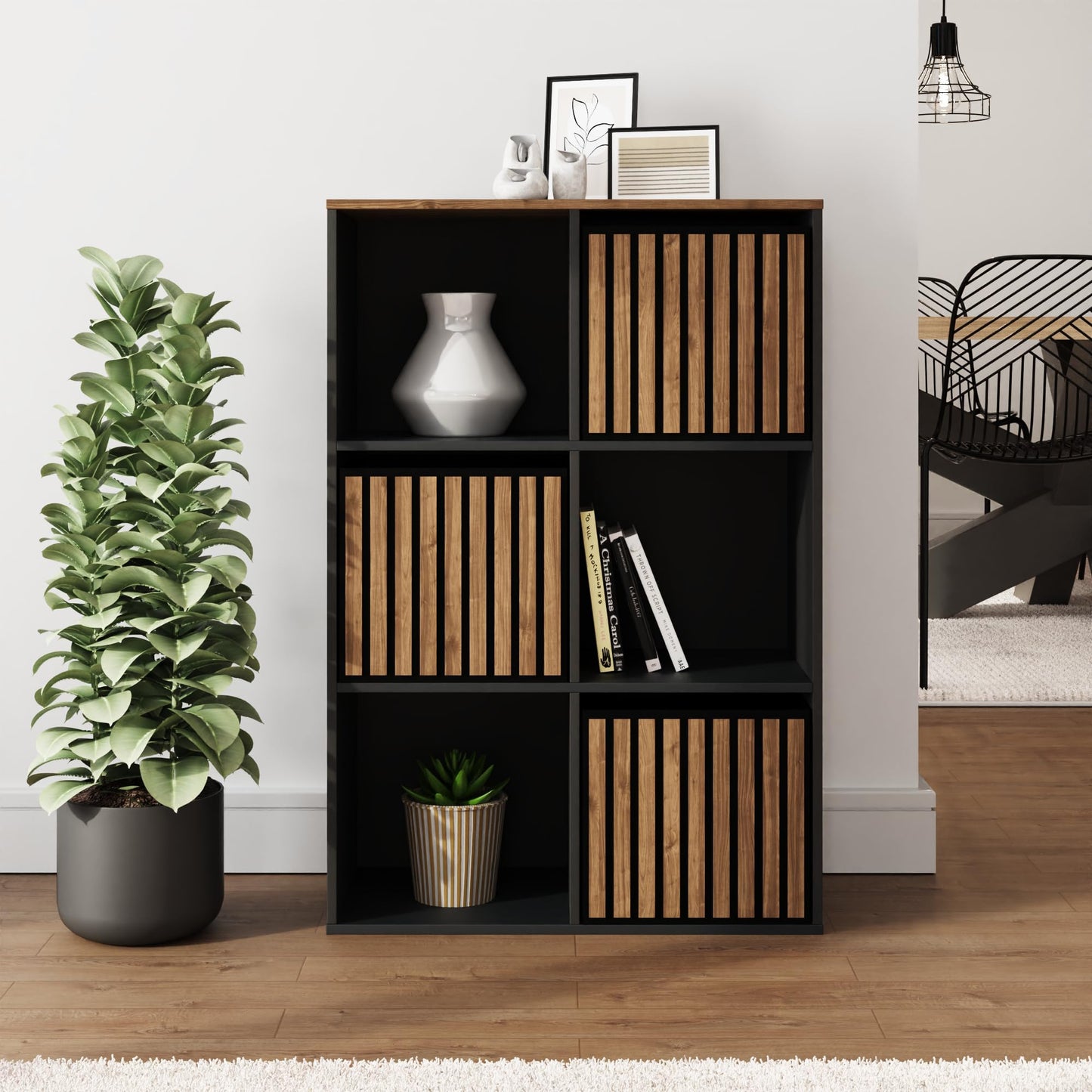 GFW Kube Cube Storage Unit with Open & Hidden Storage, Black & Walnut Effect Shelving Unit for Living Room, Bedroom or Office