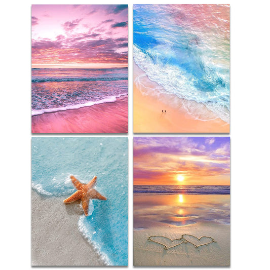 Muzagroo 4-Pack 5D Diamond Painting Kits for Adults, DIY Drill Diamond Art Kits, Arts and Crafts for Beginners, Beach and Waves Diamond Wall Art for