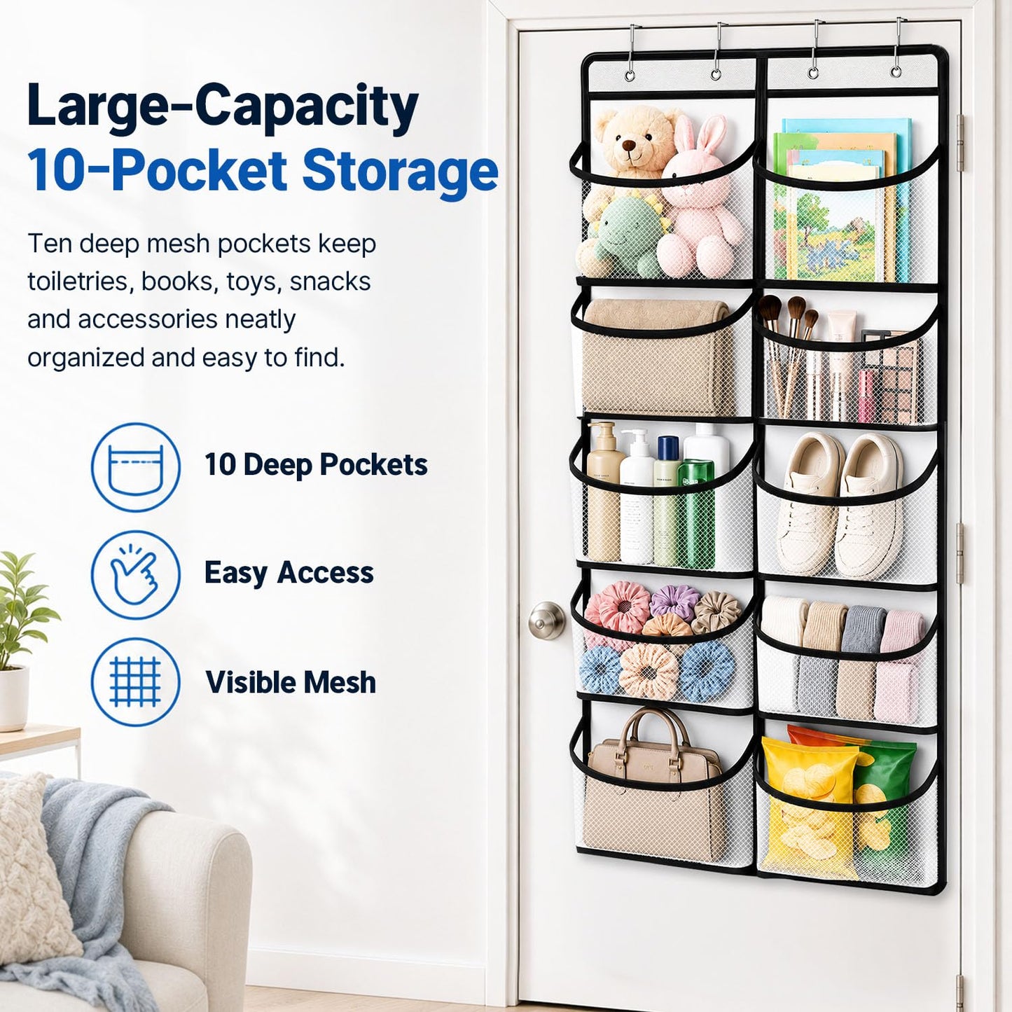 Over the Door Hanging Organiser with 10 Mesh Pockets, Closet Storage Bag