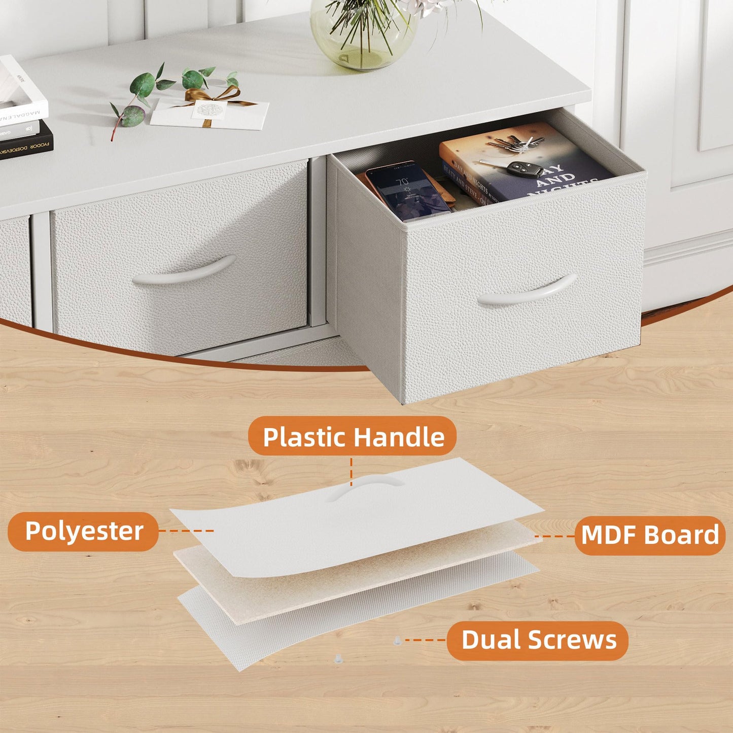 CAIYUN Chest of Drawers with 5 drawers, White Fabric Dresser with Wood Top for Bedroom, Living Room, Large Storage Space