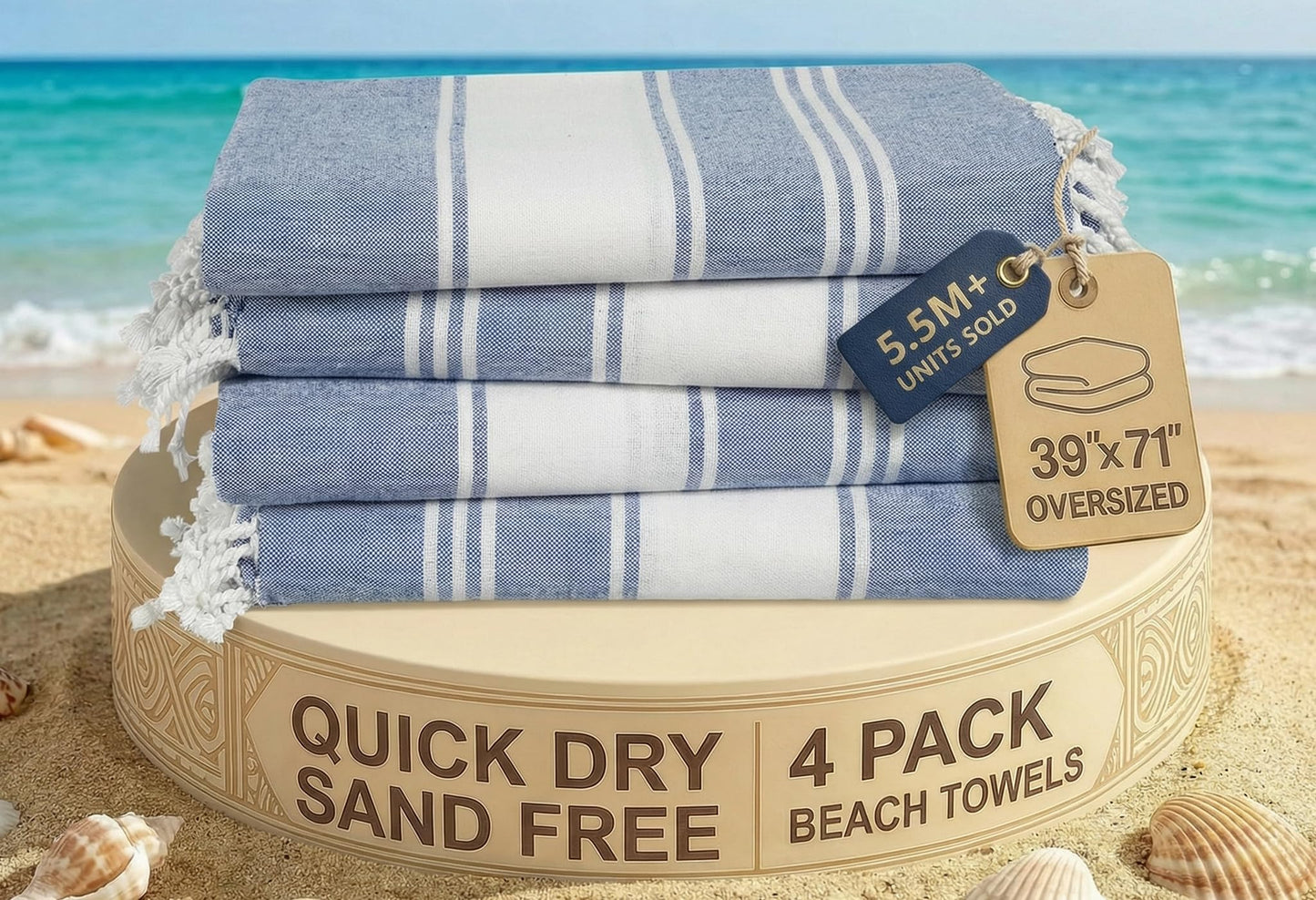 Lane Linen Beach Towels 4 Pack Oversized - Cotton Rich Turkish Towel Set, Pre-Washed Oversized Beach Towel, Quick Dry Beach Towels For Travel