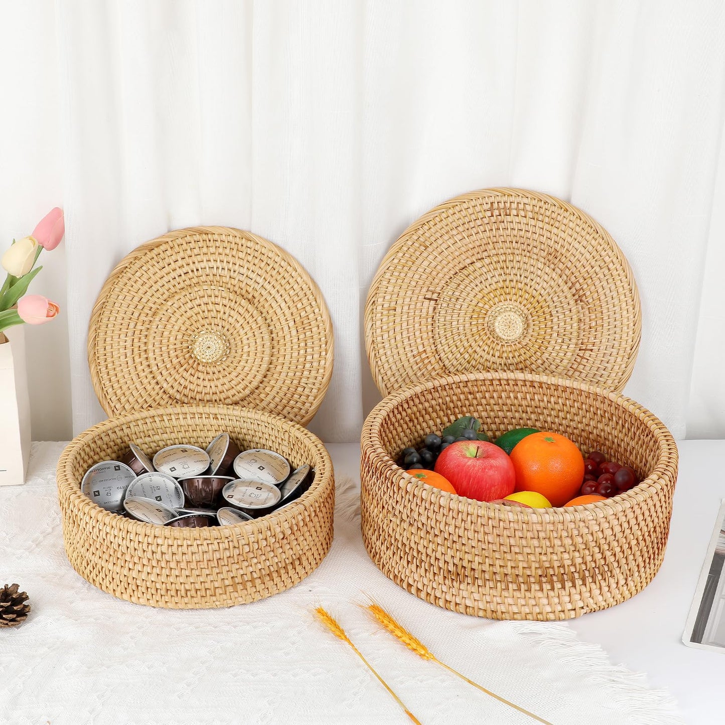 IGNPION Rattan Storage Basket with lid Table Decorative Wicker Storage Baskets for Shelf &Desktop Woven Kitchen Fruit Bread Basket Egg Holder