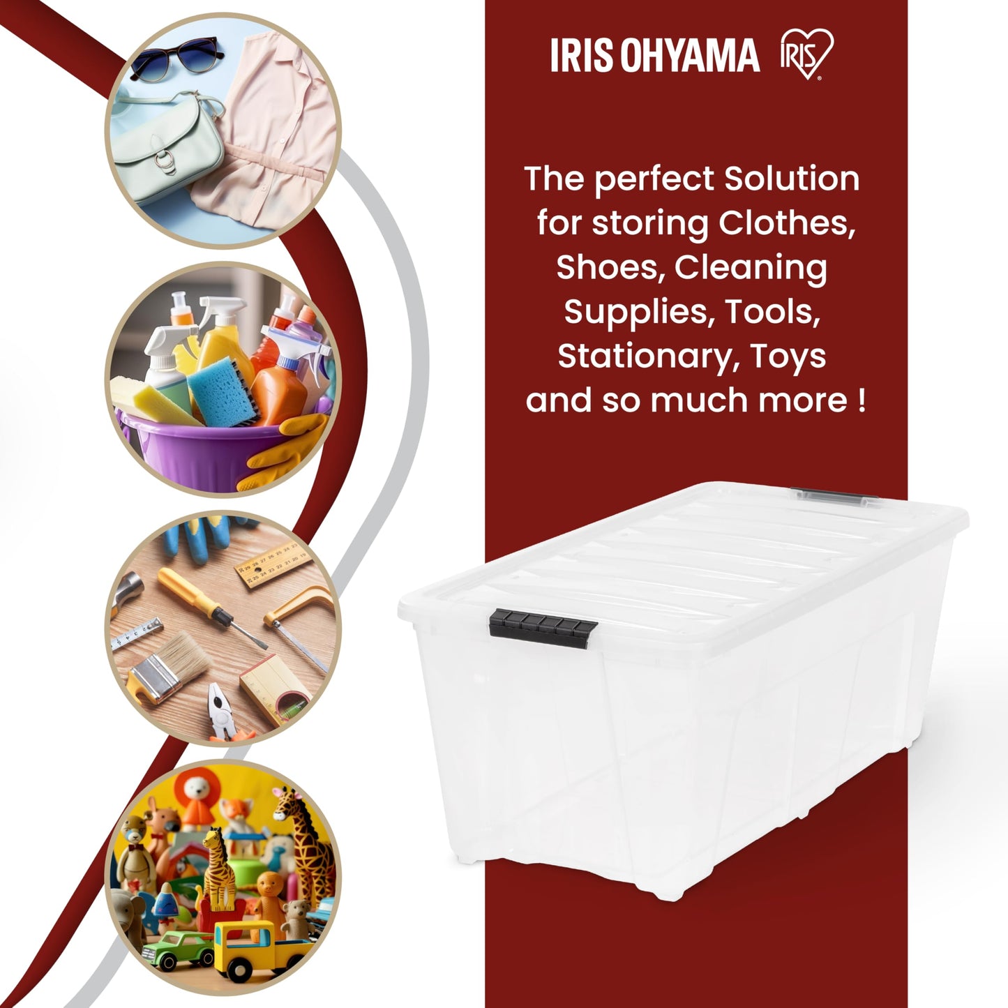 Iris Ohyama, Large Plastic Storage Boxes with Lids, 80L, Set of 4, Clear, Latching Buckles with Handles, Stackable, Nesting, Strong & Durable