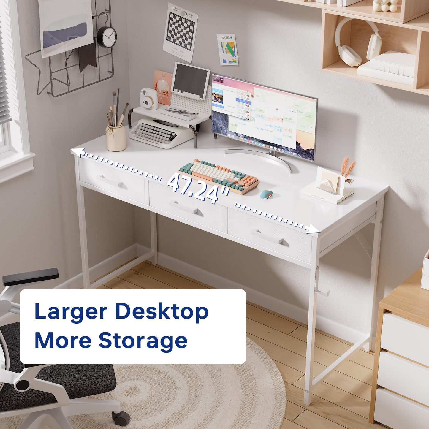PAMRAY 120cm Small Computer Desk with 3 Drawers for Bedroom Study Writing Home Office Table for Small Spaces White