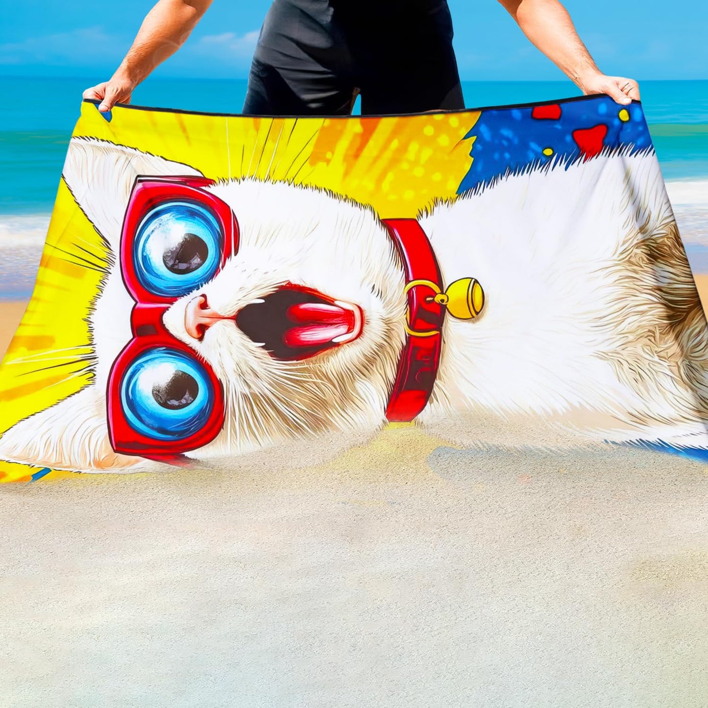 Violetpos Comic Style Glasses White Cat Beach Towel for Kitty Lovers, Extra Large 180x90 cm 250GSM Microfibre, Sand Free Quick Dry