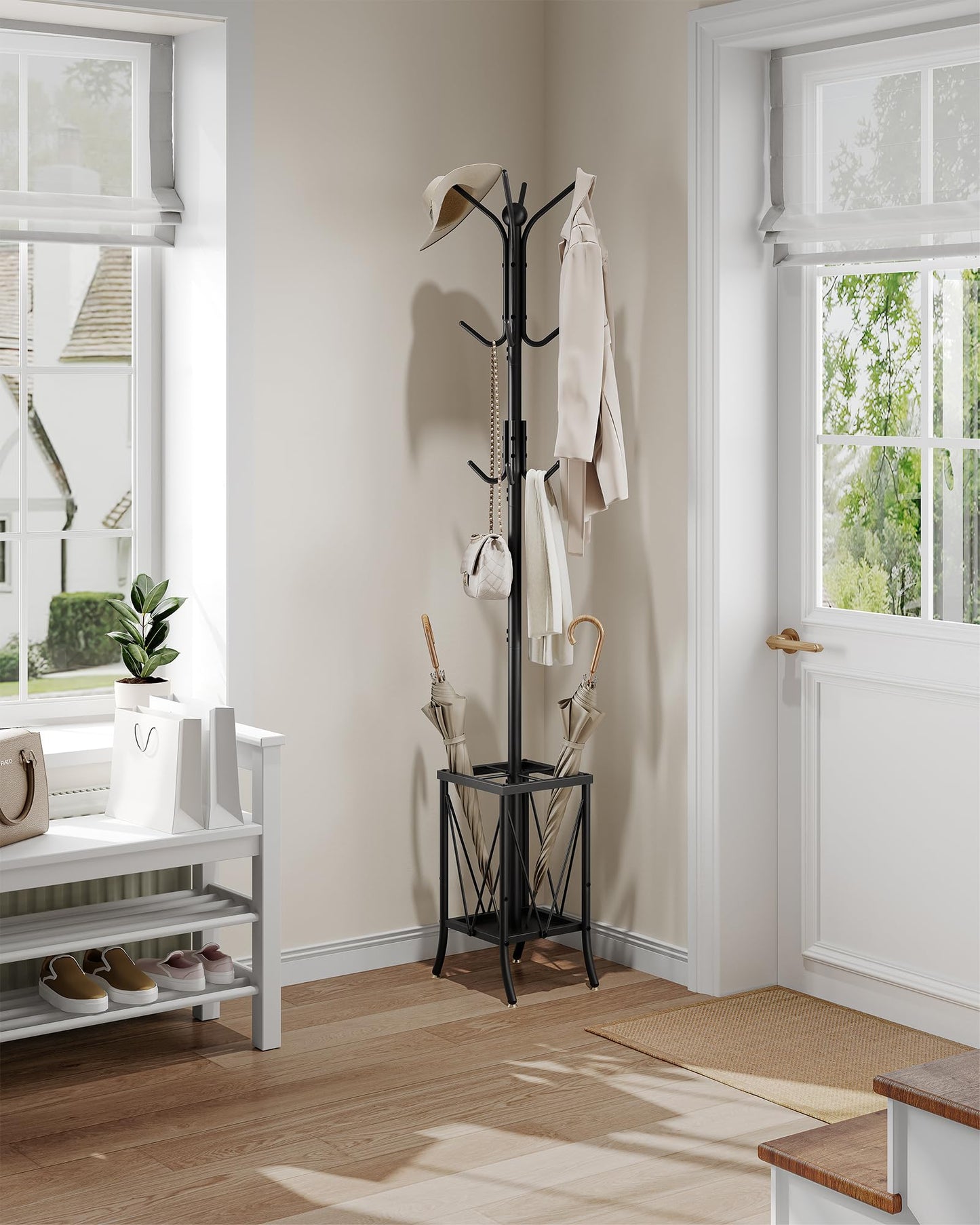 CHOEZON Coat Rack Freestanding, Coat Stand with Umbrella Holder, Entryway Hanger Stand with12 Hooks, Metal Hall Tree for Bags, Coats, Hats, Entryway