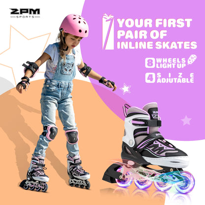 2pm Sports Adjustable Light up Inline Skates, Stylish Design Beginner Roller Skates for Boys and Girls - Purple Medium