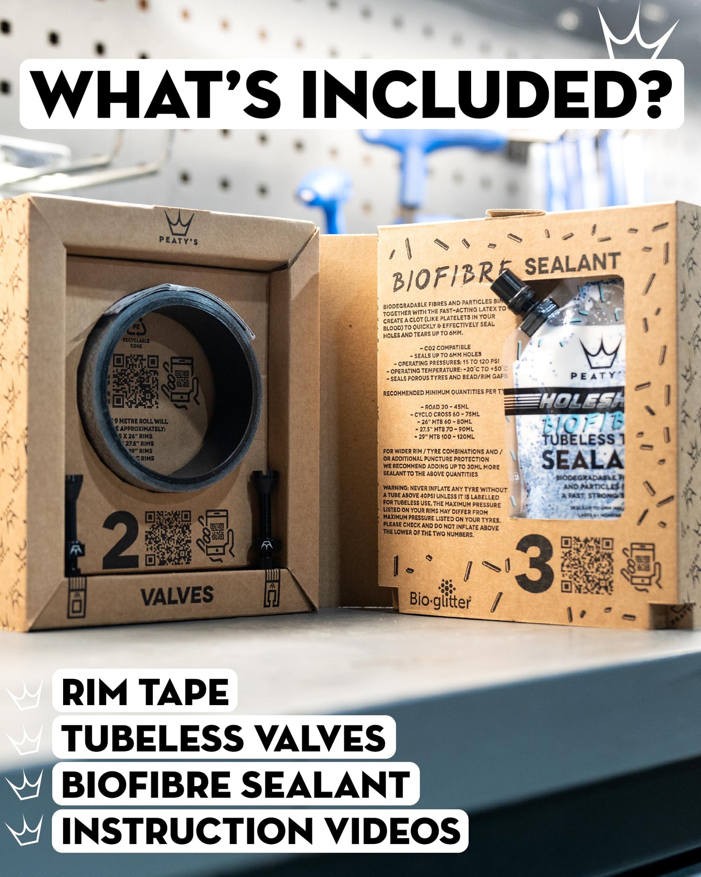 Peaty's Tubeless Wheel Conversion Kit - Enduro & DH (Wide) - 35mm Tape / 42mm Valves / 2x 120ml Holeshot Biofibre Sealant Pouch, Black