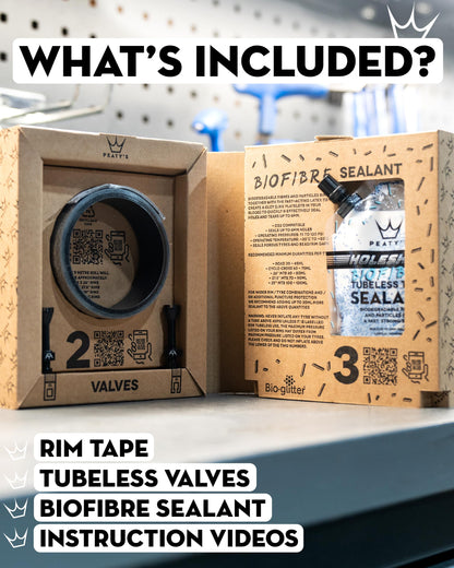 Peaty's Tubeless Wheel Conversion Kit - Enduro & DH (Wide) - 35mm Tape / 42mm Valves / 2x 120ml Holeshot Biofibre Sealant Pouch, Black