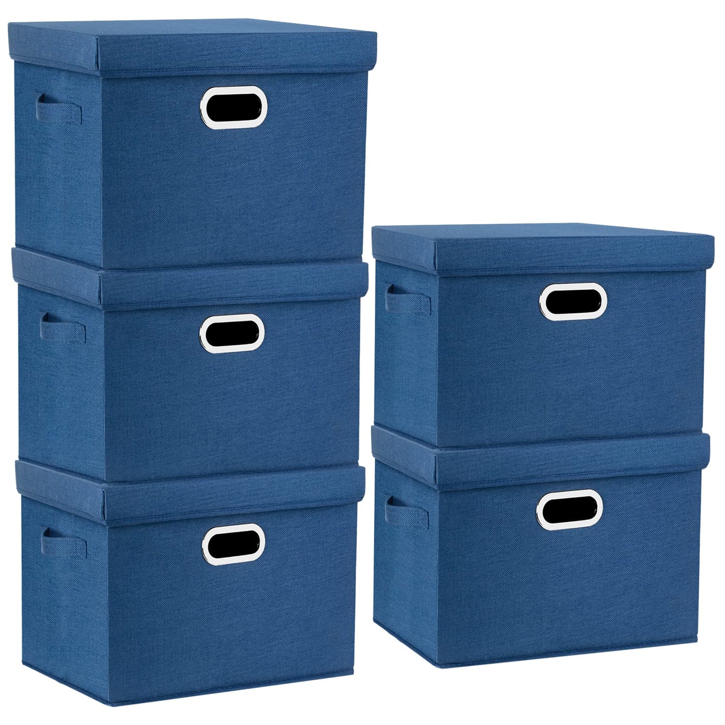 TYEERS Large Storage Box with Lid, Collapsible, Washable, Fabric Storage Box for Clothes, Wardrobe Storage, 44x30x29 cm, Set of 5, Classic Blue
